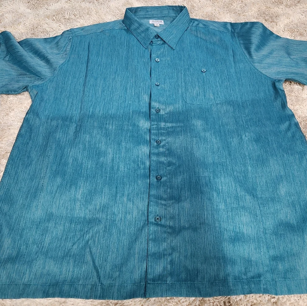 Haggar Mens Teal Peacock Mens Short Sleeve Cool 18 Tec Dress Shirt XXL - Picture 3 of 7